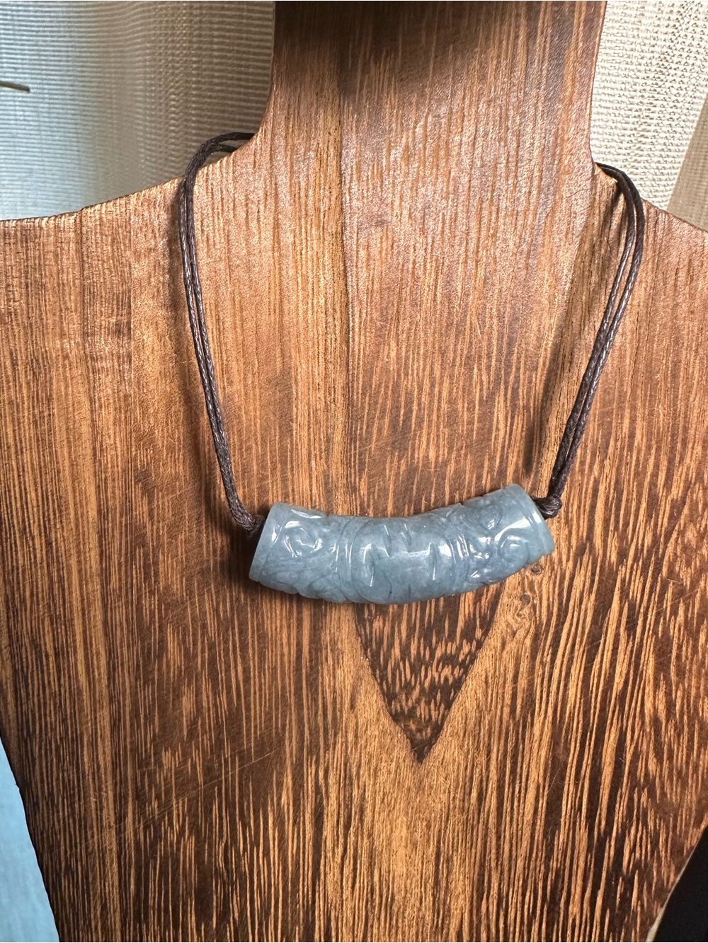 Green Jade Barrel Necklace on Brown Rope - Picture 8 of 16